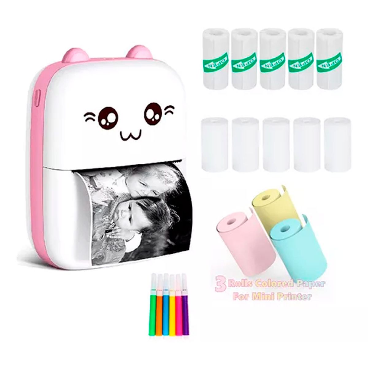 OFERTABKN - Mini Impresora Térmica Gatita Bluetooth  + 13Rollos Rosado