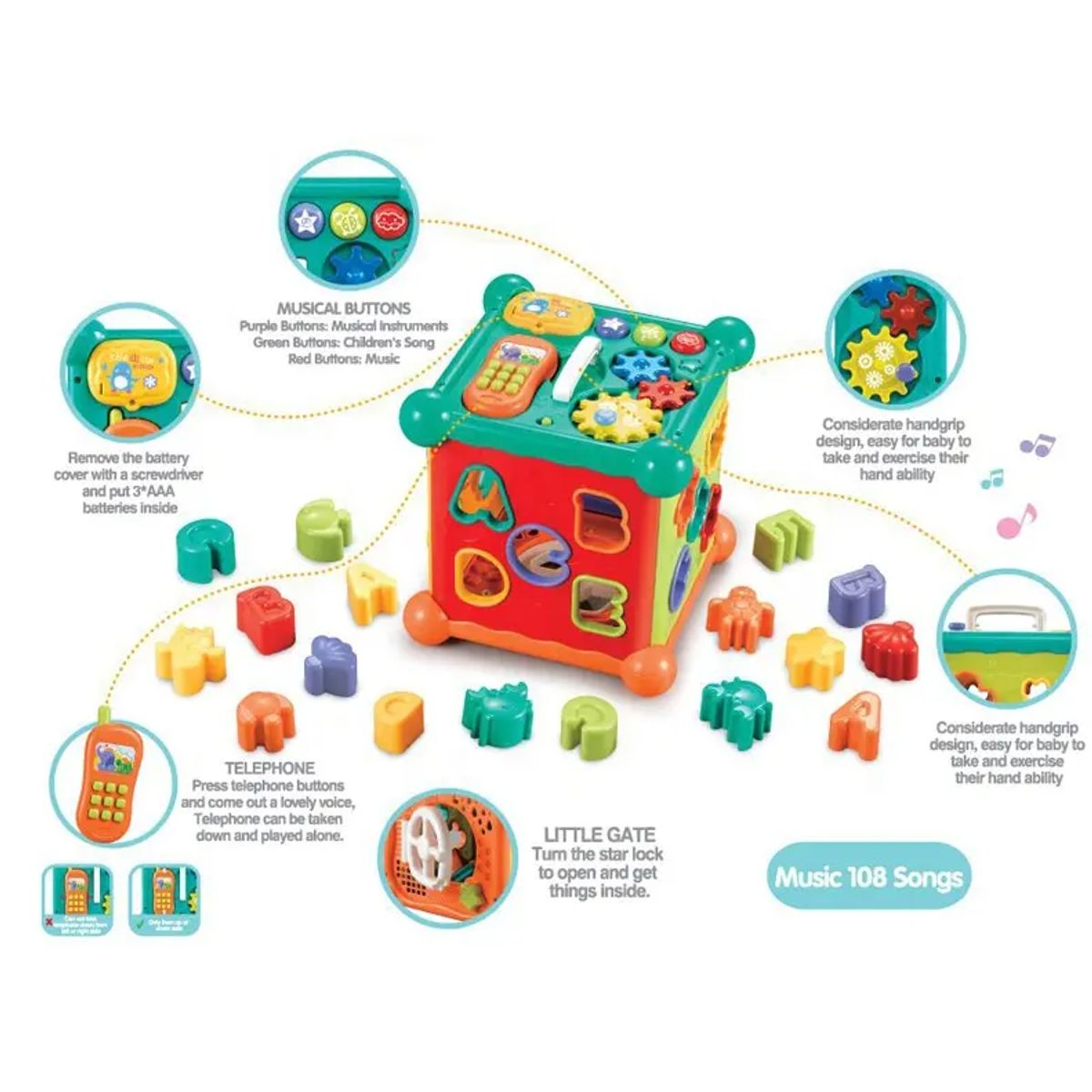 GENERICO - Cubo Didáctico musical bebé 30 actividades