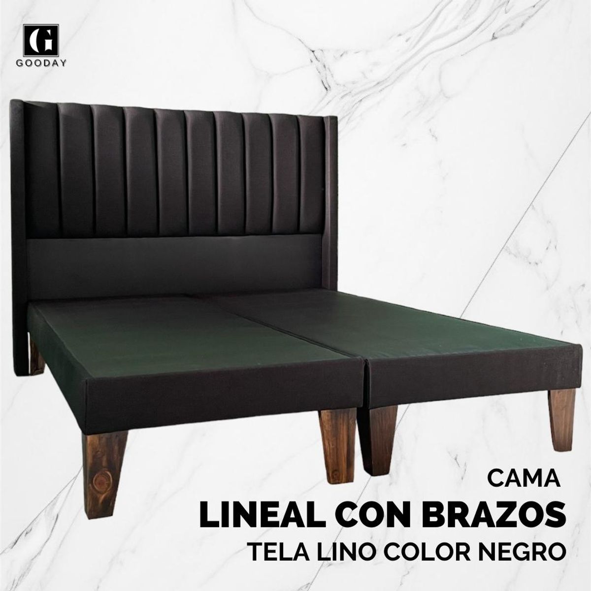 GOODAY - Cama 2 plazas con respaldo con brazos a piso modelo lineal lino.