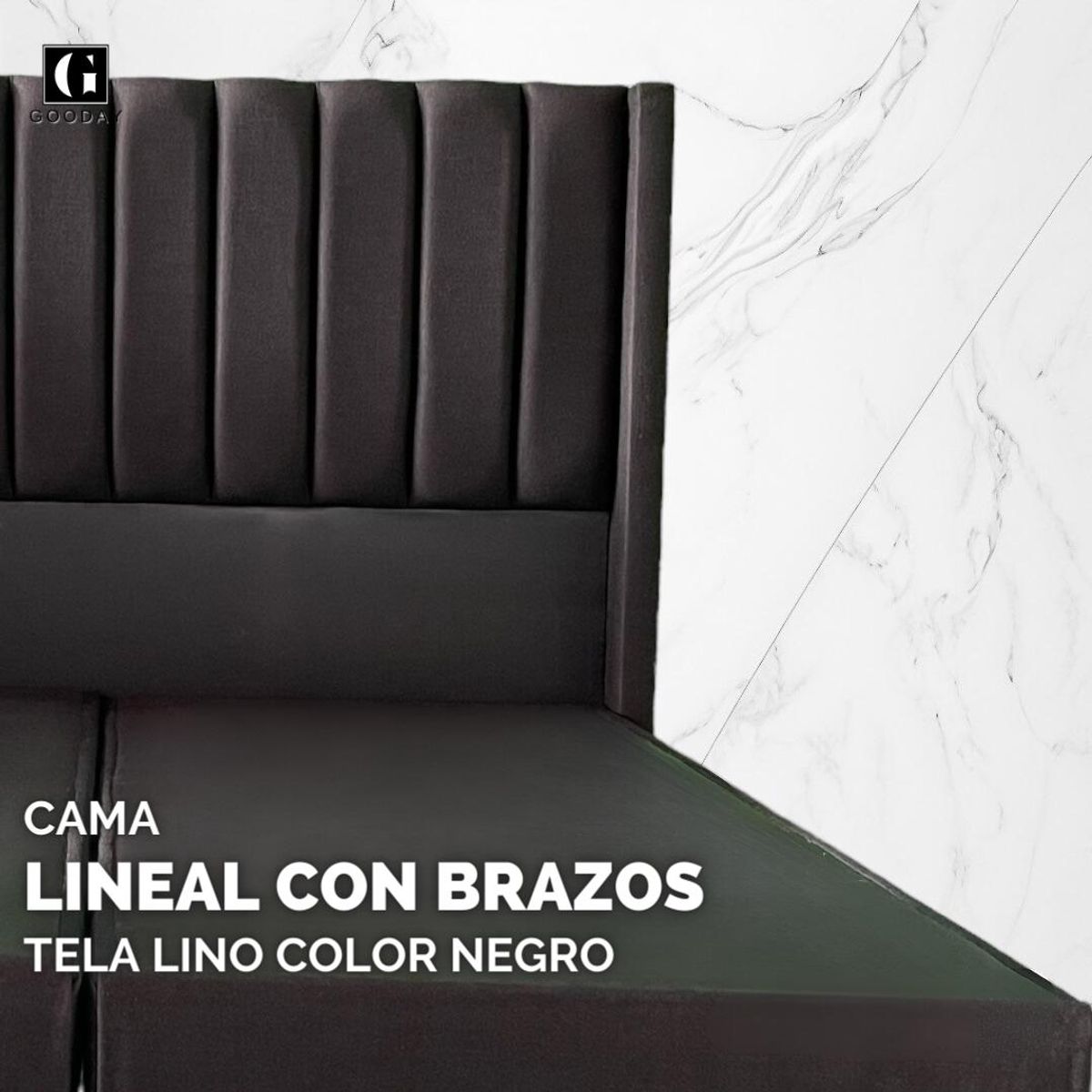 GOODAY - Cama 2 plazas con respaldo con brazos a piso modelo lineal lino.