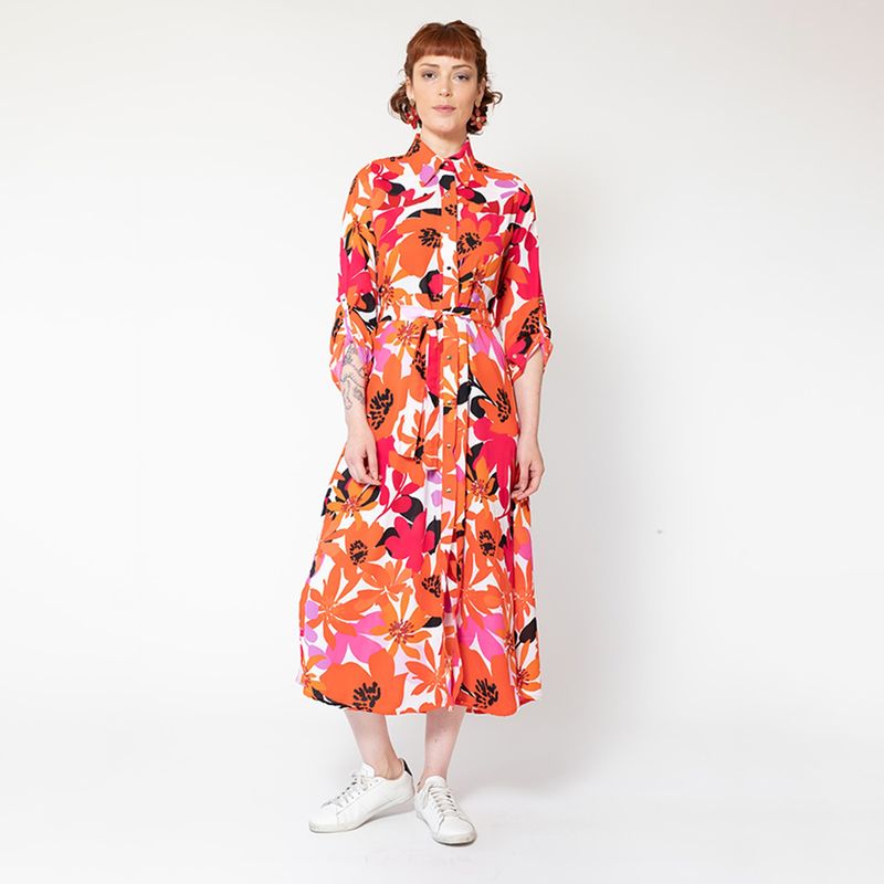 NATALIA SEGUEL - Vestido Camisero Flores Naranjo Natalia Seguel