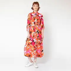 NATALIA SEGUEL - Vestido Camisero Flores Naranjo