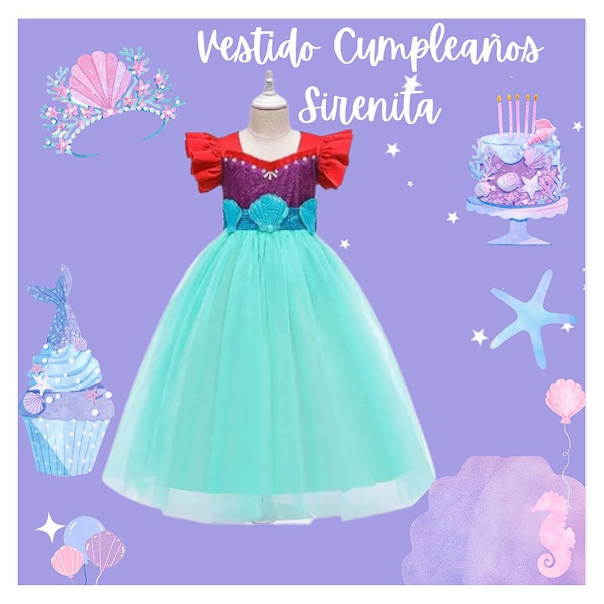 COMPRAPO - Vestido Niña Sirenita Turquesa Púrpura y Rojo