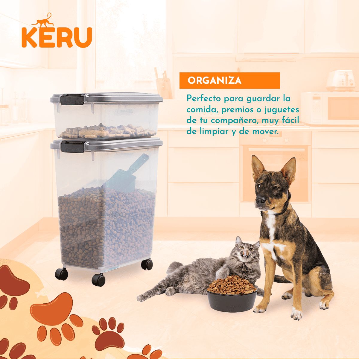 KERU - Contenedor De Alimento Comida Premios Perro Gato Y Ruedas