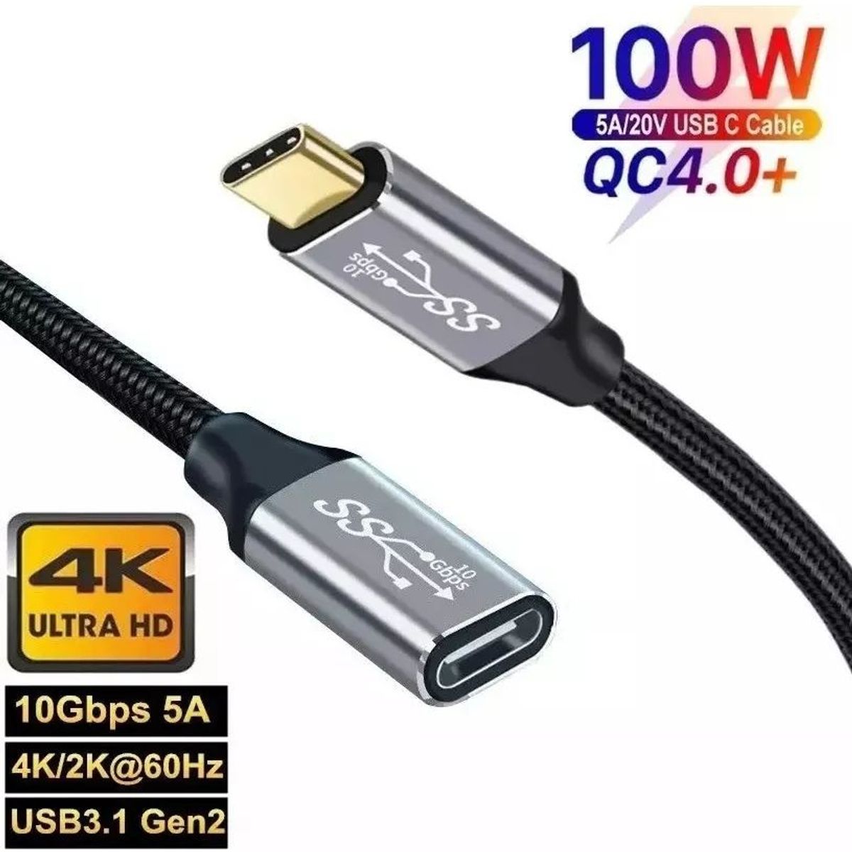 KUANGYE - Cable Extensión Usb C 3.1 Gen2 3m 10gbps Pd100w Qc 4.0 4k
