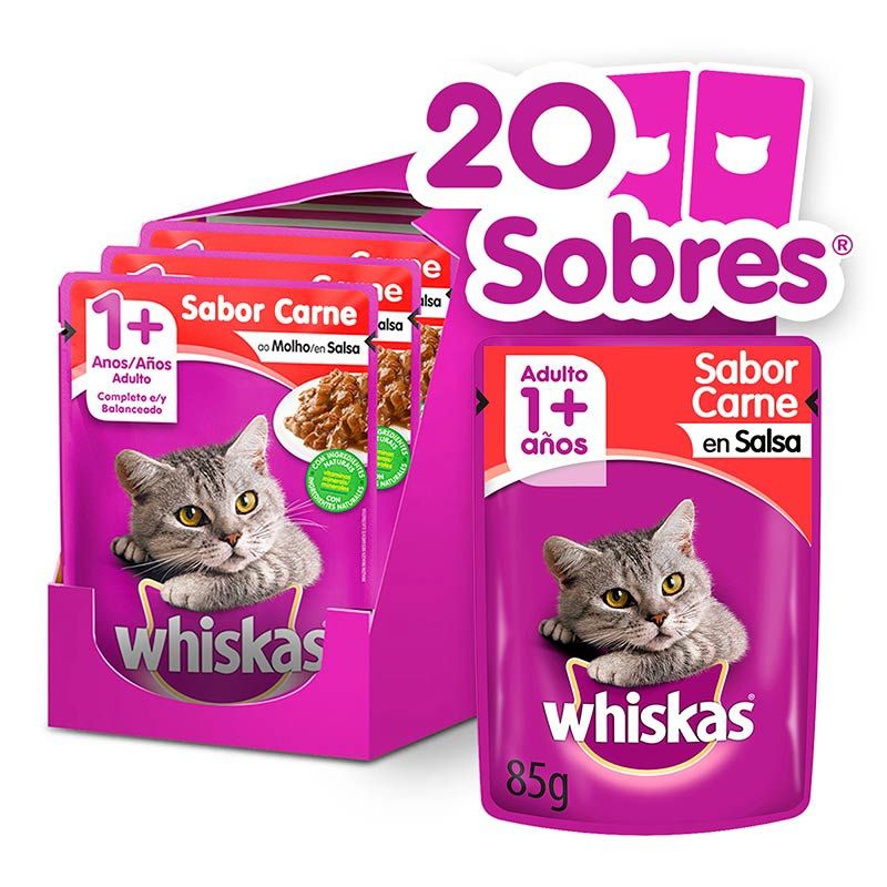 WHISKAS - Whiskas - Alimento Húmedo Sobre Gato Adulto Carne en Salsa 20 Sobres