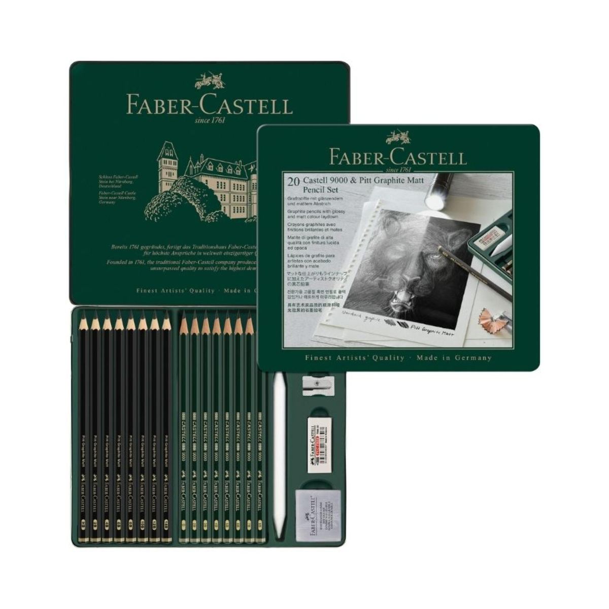 FABER-CASTELL - Estuche de metal Pitt Graphite Matt y Castell 9000 x20