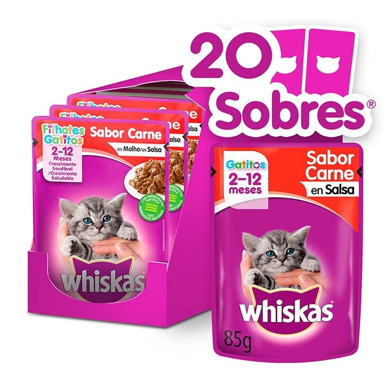 WHISKAS - Whiskas - Alimento Húmedo Sobre Gatitos Carne en Salsa 20 Sobres