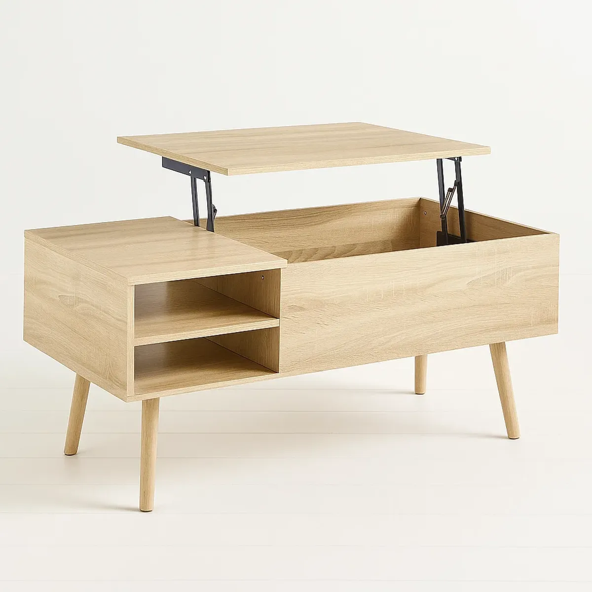 KLIK - Mesa de Centro Elevable Living con Bandeja y Estantes Madera KLIK