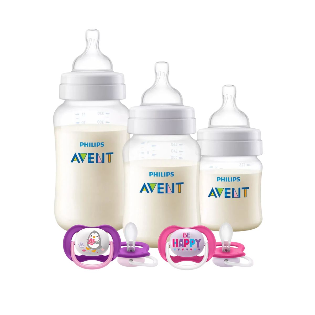 AVENT - Set Avent 3 mamaderas más 2 chupetes 6-18m Pinguino