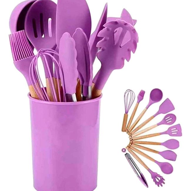 GENERICO - Set 12 Utensilios Cocina Repostería Morado Mango Madera