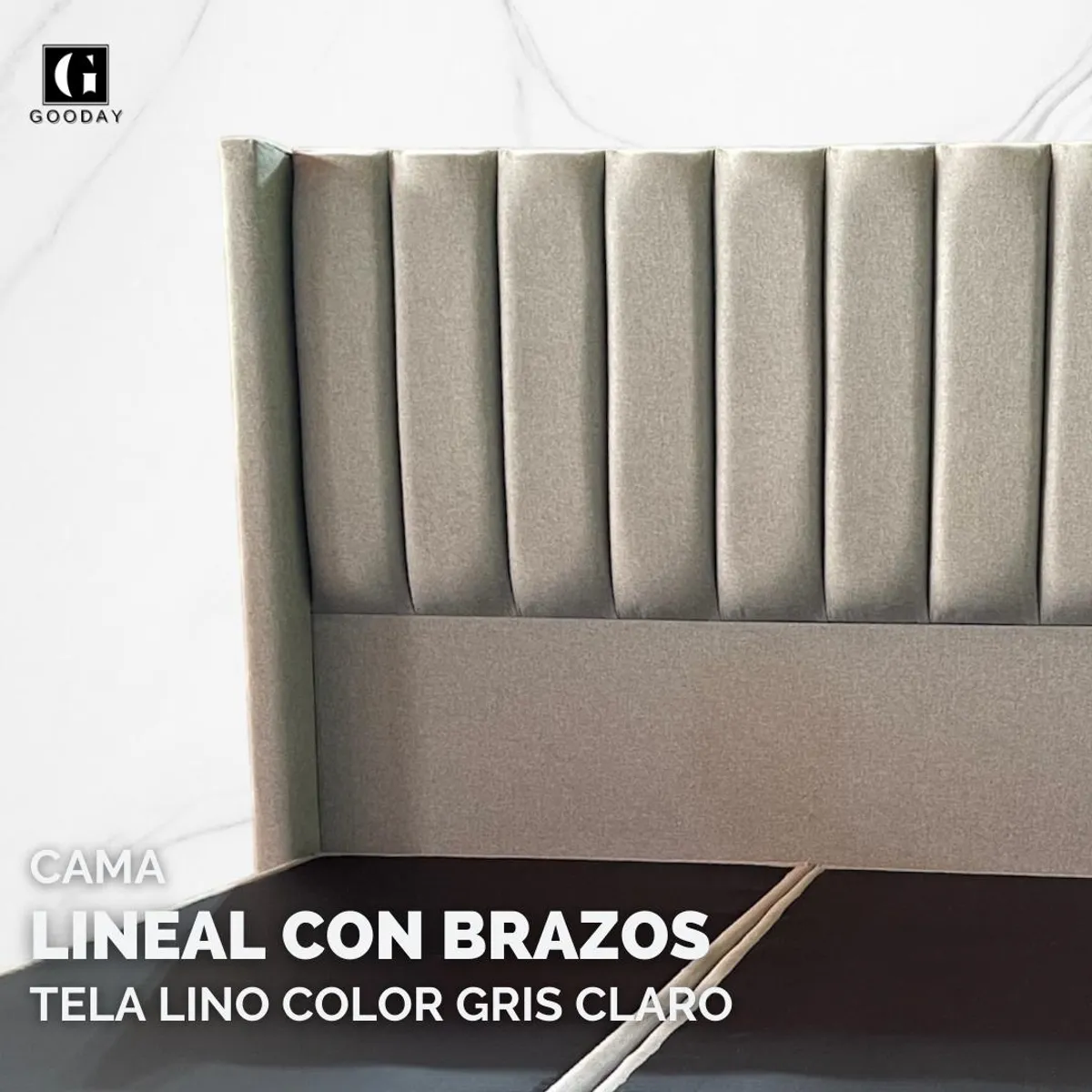 GOODAY - Cama 2 plazas con respaldo con brazos a piso modelo lineal lino.