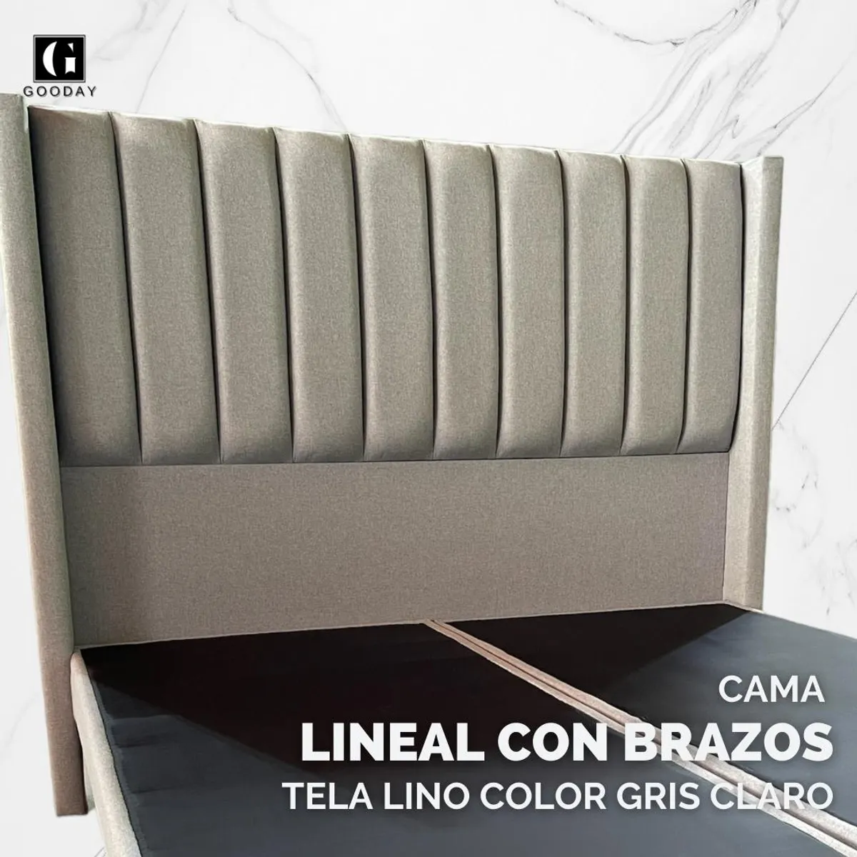 GOODAY - Cama 2 plazas con respaldo con brazos a piso modelo lineal lino.