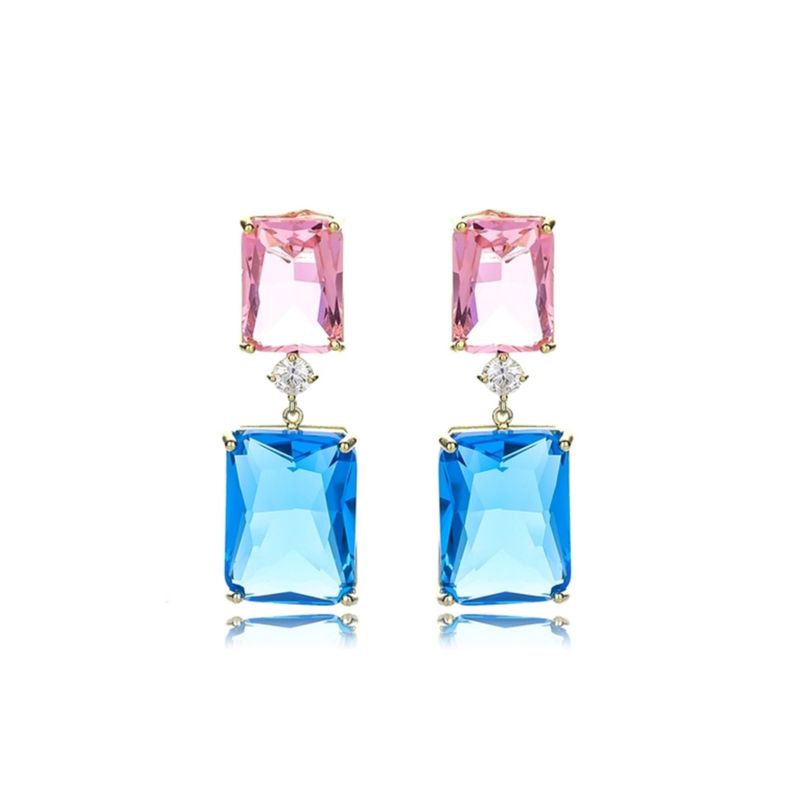 VANE COLLECTION - Aros mujer pegado colgante fino baño oro circones acqua y rosa