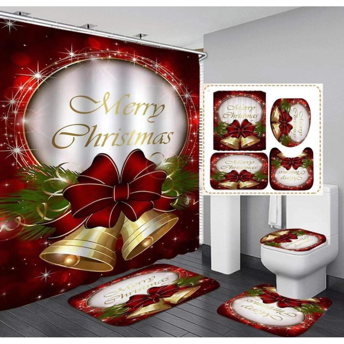 GENERICO - CORTINA DE BAÑO DE NAVIDAD MAS ALFOMBRAS