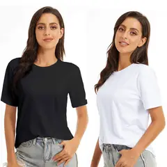 EVERSO - Pack 3 Polera Manga Corta Algodón Mujer Básicos 2Blanco+1Negro