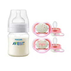 AVENT - Mamadera Anticolic 125 ml + 2 Chupetes 6-18m Nocturnos Pink