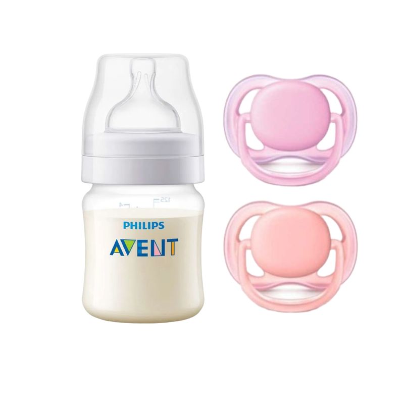 AVENT - Pack Mamadera Anticolic 125 ml + 2 Chupetes 6-18m Pink