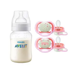 AVENT - Mamadera Anticolic 260 ml + 2 Chupetes 6-18m Nocturnos Pink