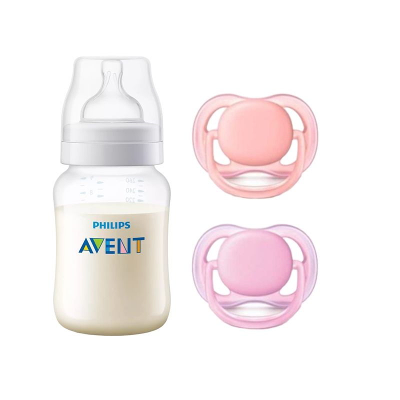 AVENT - Mamadera Anticolic 260 ml + 2 Chupetes 6-18m Pink