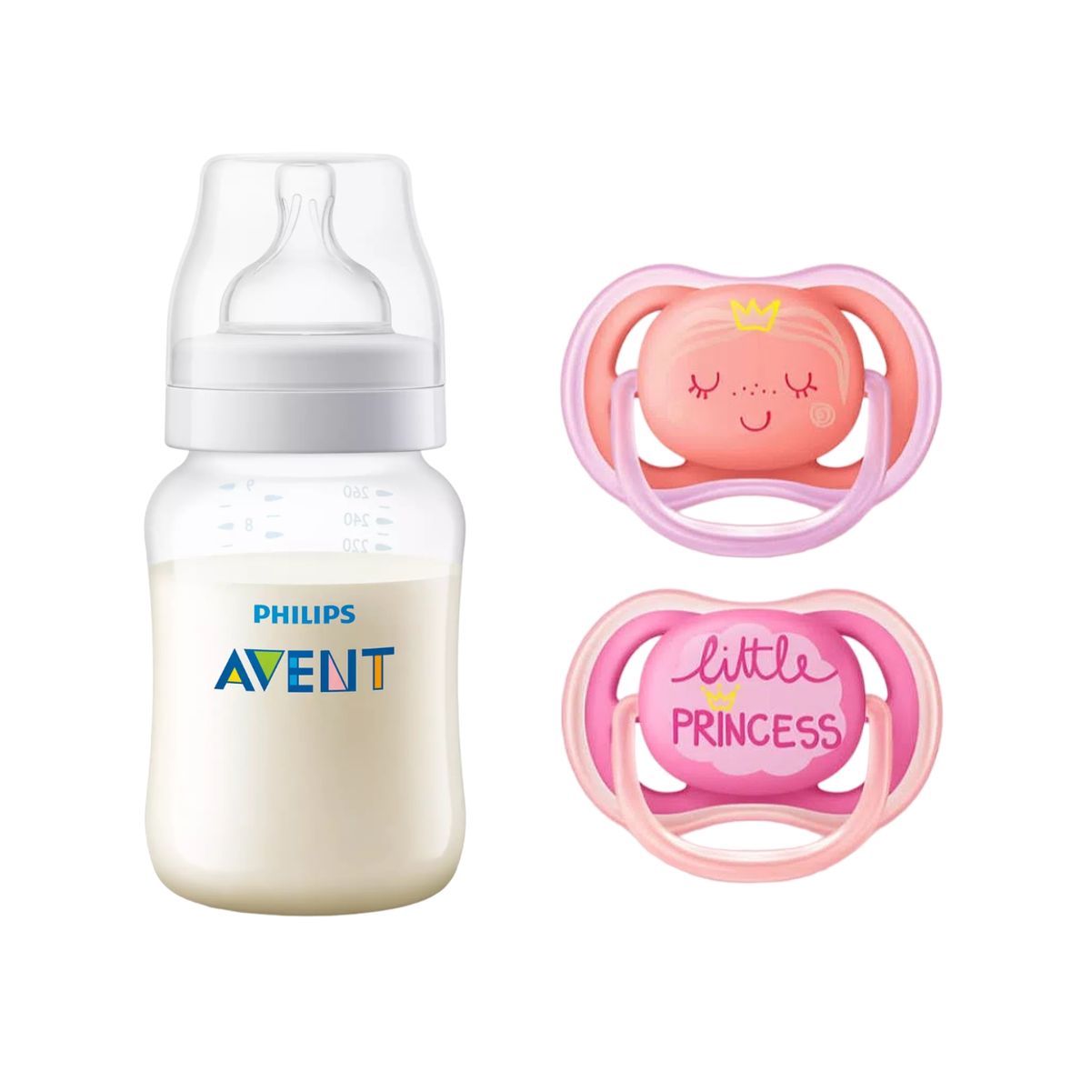 PHILIPS AVENT - Pack Mamadera Anticolic 260 ml + 2 Chupetes 6-18m Pink Deco