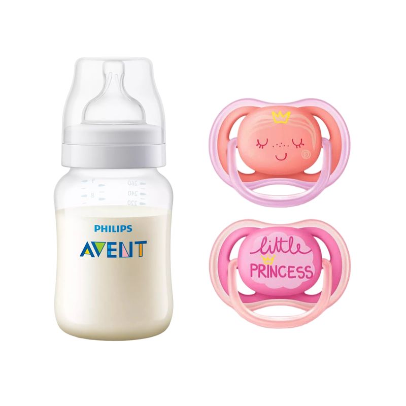 AVENT - Pack Mamadera Anticolic 260 ml + 2 Chupetes 6-18m Pink Deco
