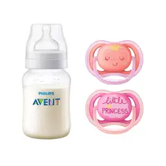 AVENT - Pack Mamadera Anticolic 260 ml + 2 Chupetes 6-18m Pink Deco
