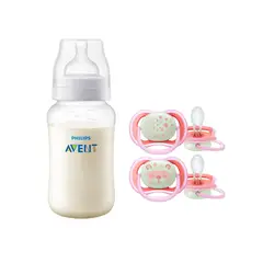AVENT - Mamadera Anticolic 330 ml + 2 Chupetes 6-18m Nocturnos Pink