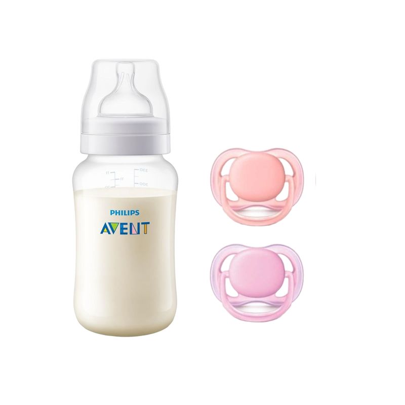 AVENT - Mamadera Anticolic 330 ml + 2 Chupetes 6-18m  Pink