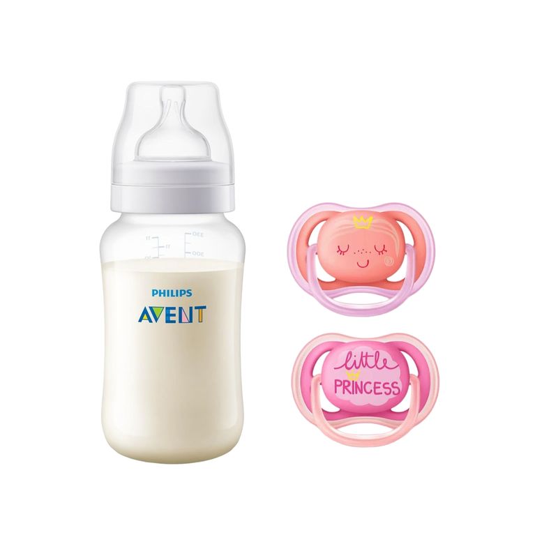 AVENT - Mamadera Anticolic 330 ml + 2 Chupetes 6-18m Pink Decorado