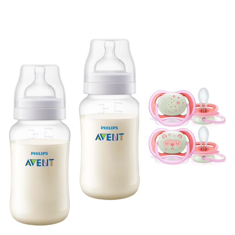 AVENT - Pack 2 Mamaderas Anticolic 330 ml + 2 Chupetes 6-18m Noctur