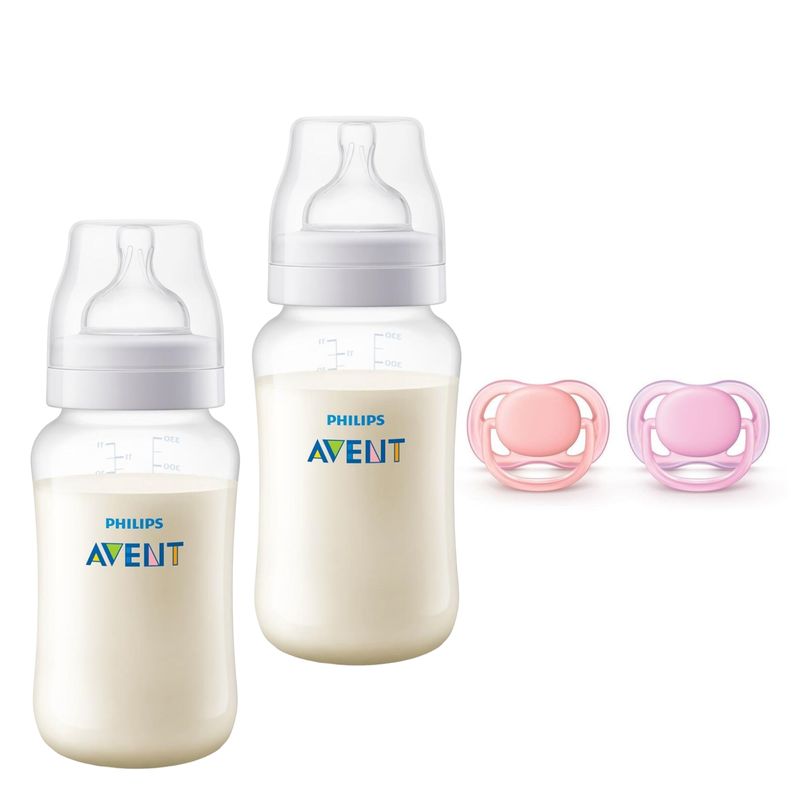 AVENT - Pack 2 Mamaderas Anticolic 330 ml + 2 Chupetes 6-18m Pink