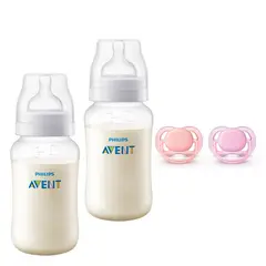 AVENT - Pack 2 Mamaderas Anticolic 330 ml + 2 Chupetes 6-18m Pink