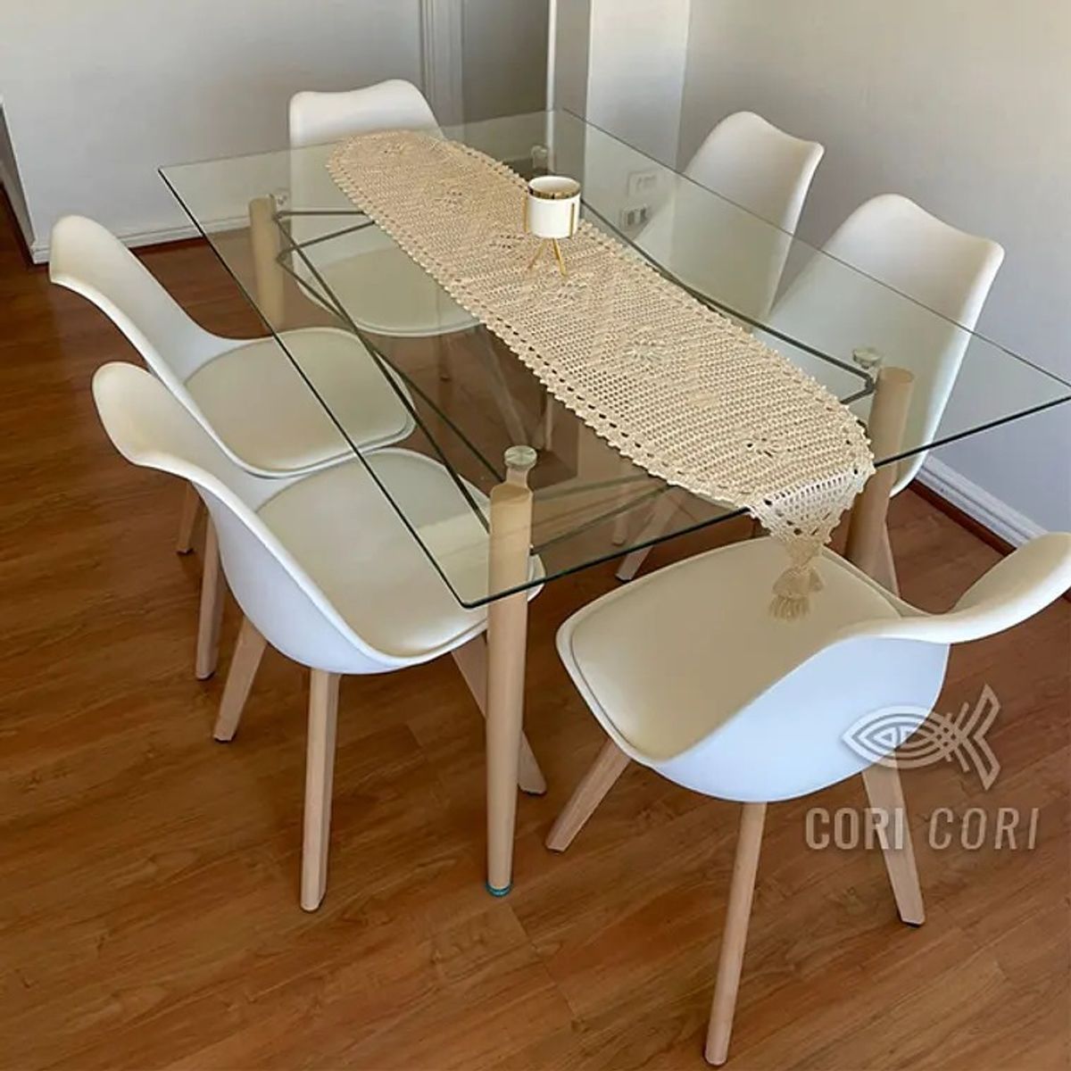 CORI CORI - Juego de Comedor Mesa Crox Vidrio 140x80 cm + 6 Sillas Tulip Blanco