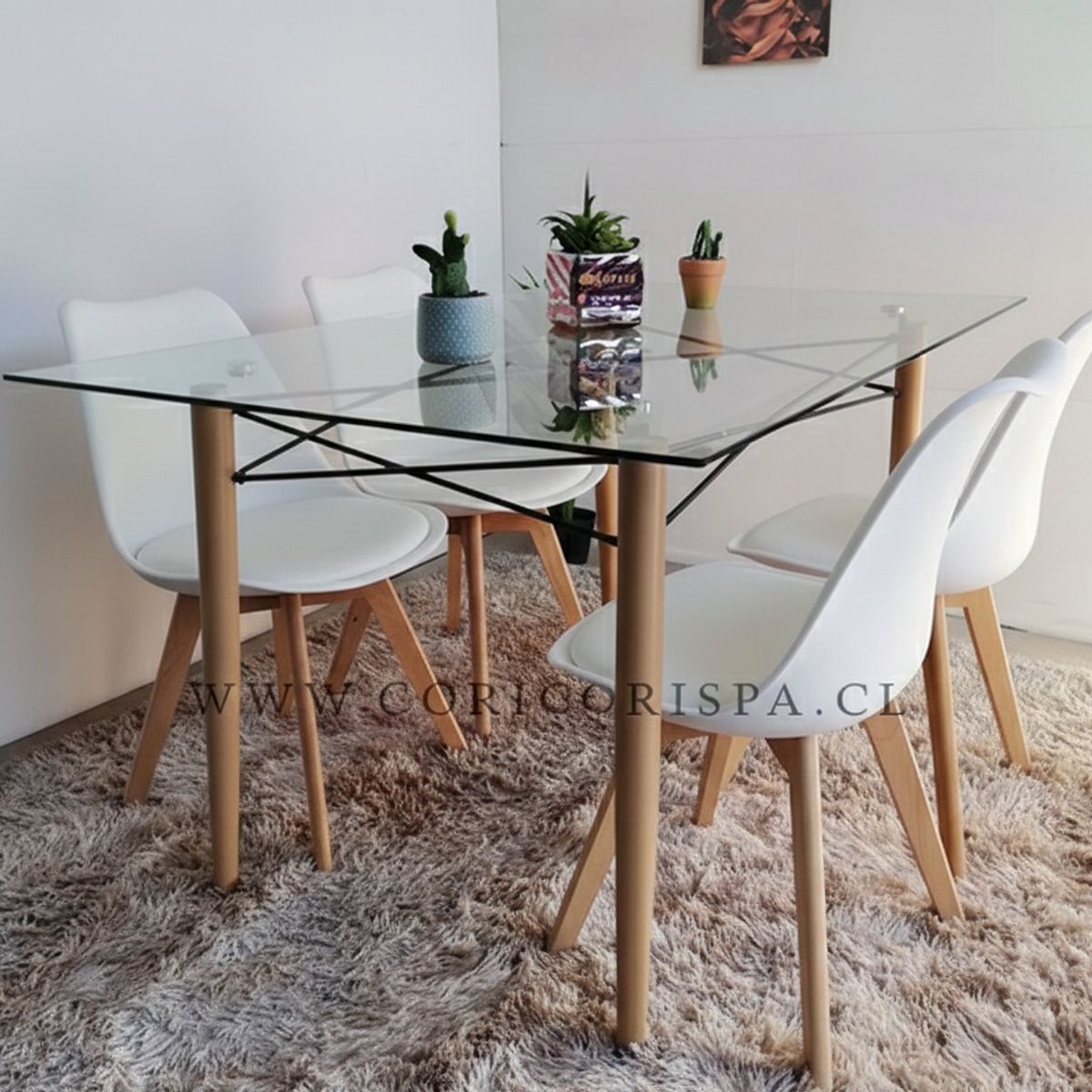 CORI CORI - Juego de Comedor Mesa Crox Vidrio 140x80 cm + 6 Sillas Tulip Blanco