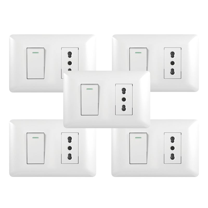 GENERICO - Pack 5 Tomacorriente Simple 10/16A 250V + Interruptor Simple 9/12 10A