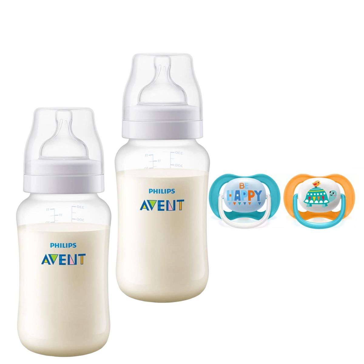 AVENT - Pack 2 Mamaderas Anticolic 330 ml + 2 Chupetes 6-18m Tortuga