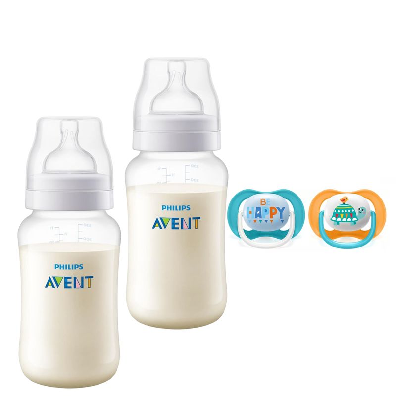 AVENT - Pack 2 Mamaderas Anticolic 330 ml + 2 Chupetes 6-18m Tortuga