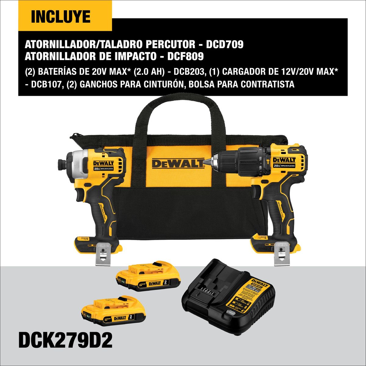 DEWALT - Kit Taladro Perc + Atornillador Imp 20V DEWALT DCK279D2-B2