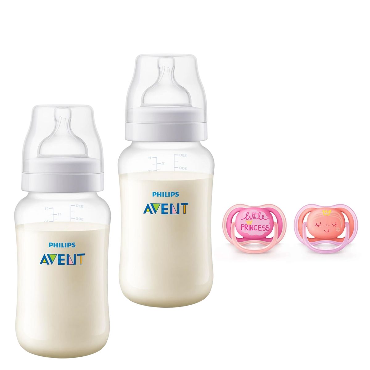 AVENT - Pack 2 Mamaderas Anticolic 330 ml + 2 Chupetes 6-18m Pink