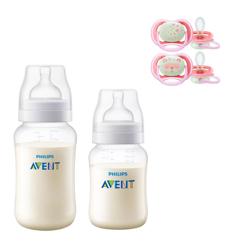 AVENT - Mamaderas Anticolic 260 y 330 ml + 2 Chupetes 6-18m Noctu