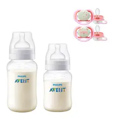 AVENT - Mamaderas Anticolic 260 y 330 ml + 2 Chupetes 6-18m Noctu