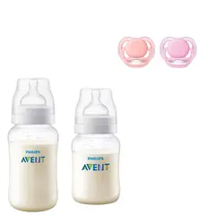 AVENT - Mamaderas Anticolic 260 y 330 ml + 2 Chupetes 6-18m Pink
