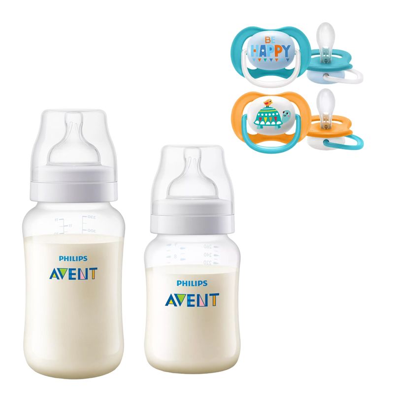 AVENT - Mamaderas Anticolic 260 y 330 ml + 2 Chupetes 6-18m Tortuga