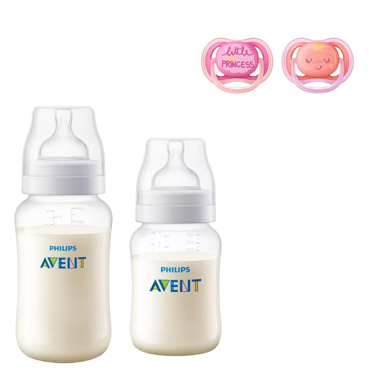 AVENT - Mamaderas Anticolic 260 y 330 ml + 2 Chupetes 6-18m Pink Dec