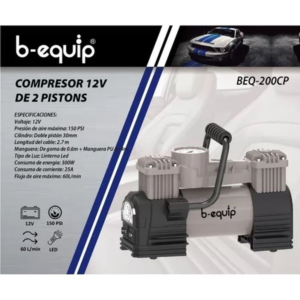 B EQUIP - Compresor De Aire Auto 12v De 2 Pistones 150 Psi B-equip