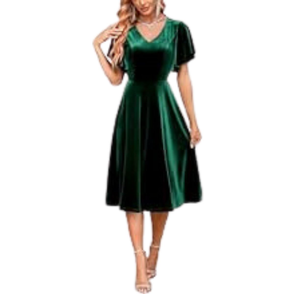 GENERICO - VESTIDO ACAMPANADO  CUELLO V MANGA VUELO DE GAMUZA IDEAL PARA FIESTA