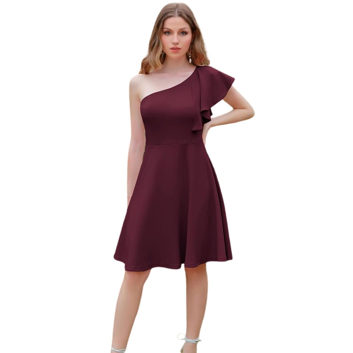 GENERICO - VESTIDO ACAMPANADO LISO DE UNA SOLA MANGA  VUELO IDEAL PARA FIESTA