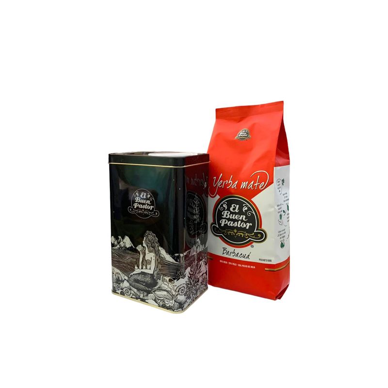 EL BUEN PASTOR - Yerbera con Dispensador más Yerba Mate Tradicional Barbacuá El Buen Pastor 500G