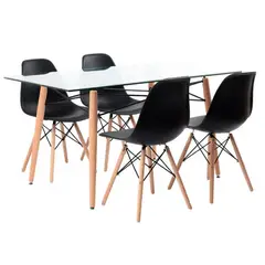 GENERICO - Juego de Comedor Mesa Crox Vidrio 140x80 cm + 4 Sillas Eames Negro